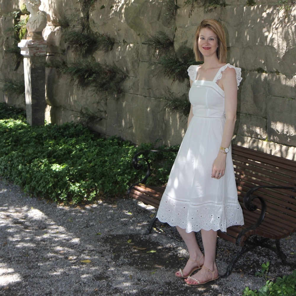 J.O.A. White sleeveless ruffle eyelet midi dress